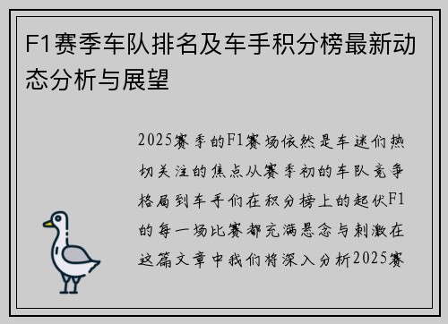 F1赛季车队排名及车手积分榜最新动态分析与展望